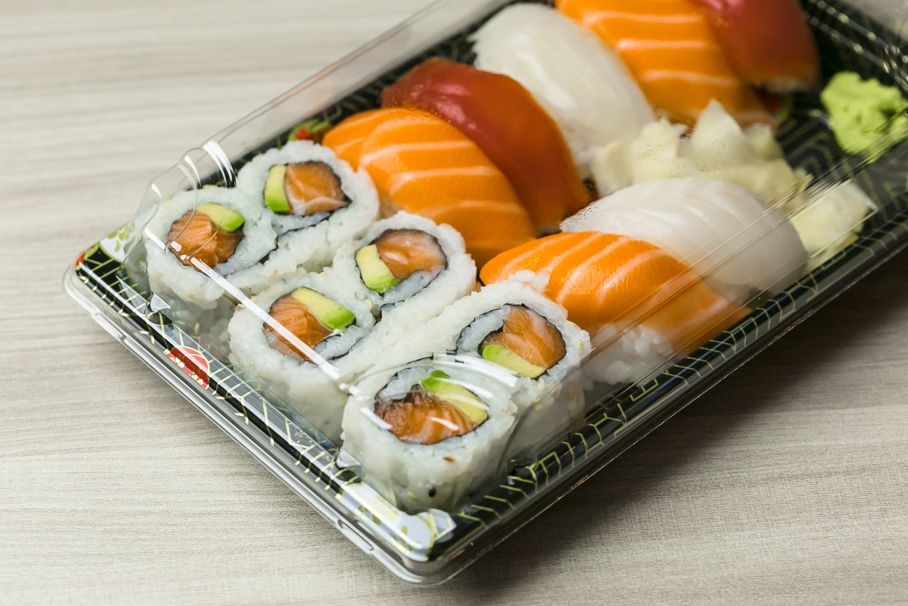 High Angle View Of Sushi And Sashimi In Box On Table