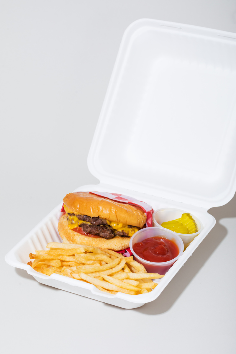 Conceptual Food Delivery Burger and Fries in Take Out Box